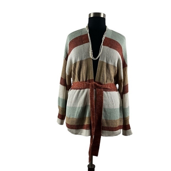 Nine West Striped Plus Size Multi Colored Belted Balloon Sleeve Sweater - Picture 3 of 9